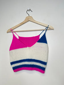Handmade Pink/White/Blue Knit Tank Top - S