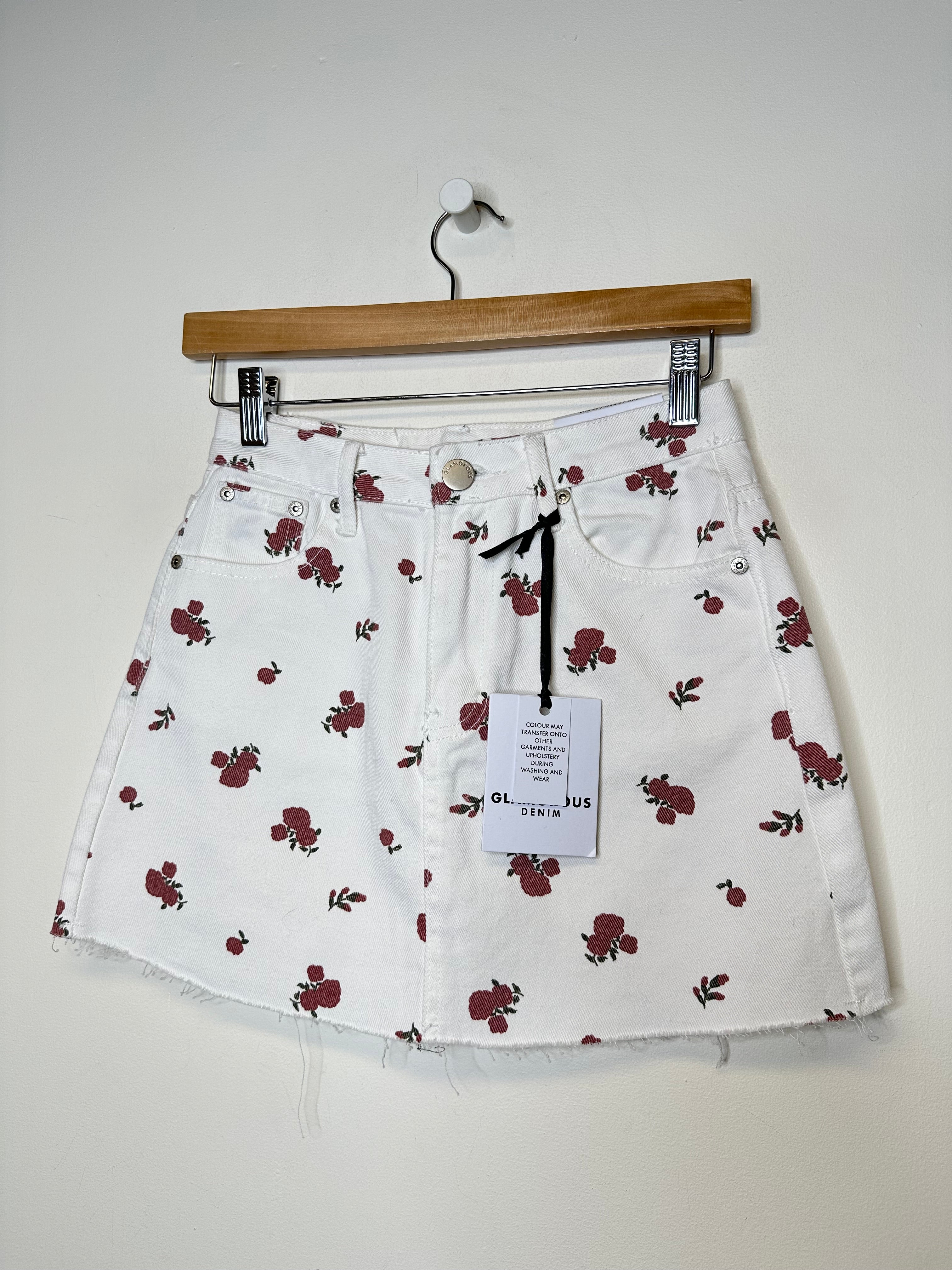 Glamorous White Floral Denim Skirt - 4 - NEW